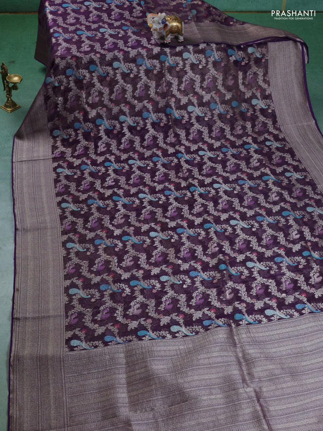 Art chiffon saree purple with allover zari & mina weaves and silver zari woven border