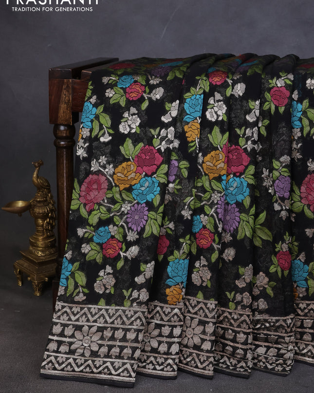 Art chiffon saree black with allover mina weaves and woven border