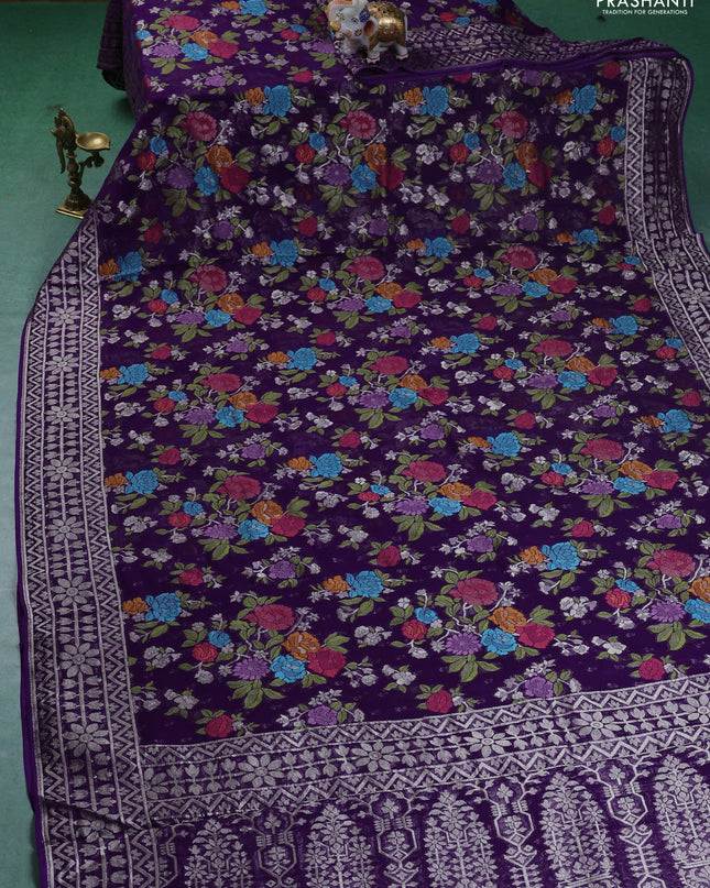 Art chiffon saree violet with allover mina weaves and woven border