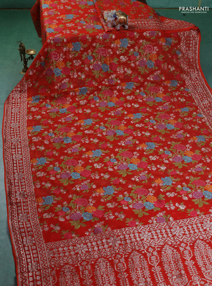 Art chiffon saree orange with allover mina weaves and woven border