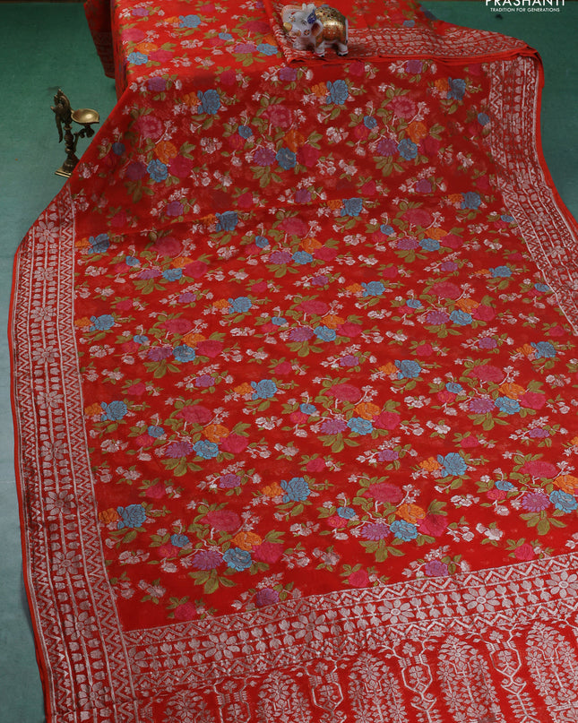 Art chiffon saree orange with allover mina weaves and woven border