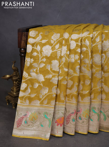 Art chiffon saree lime yellow with allover zari woven brocade weaves and zari woven paithani border