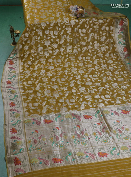 Art chiffon saree lime yellow with allover zari woven brocade weaves and zari woven paithani border