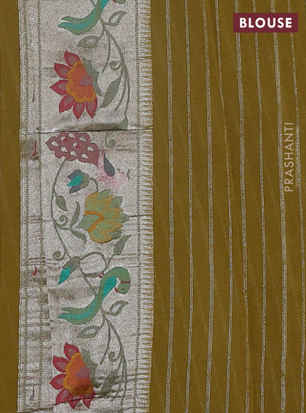 Art chiffon saree lime yellow with allover zari woven brocade weaves and zari woven paithani border
