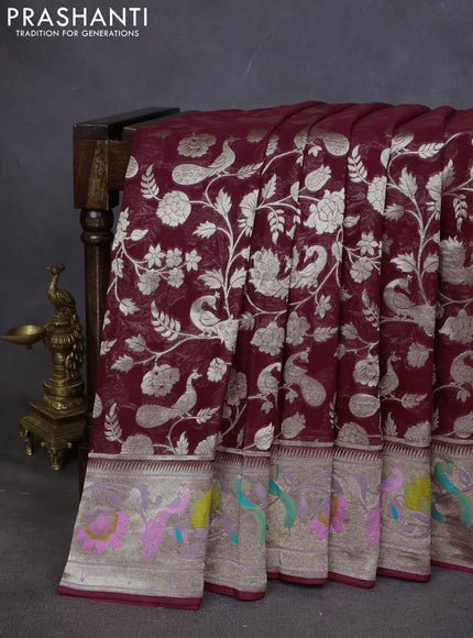 Art chiffon saree maroon with allover zari woven brocade weaves and zari woven paithani border