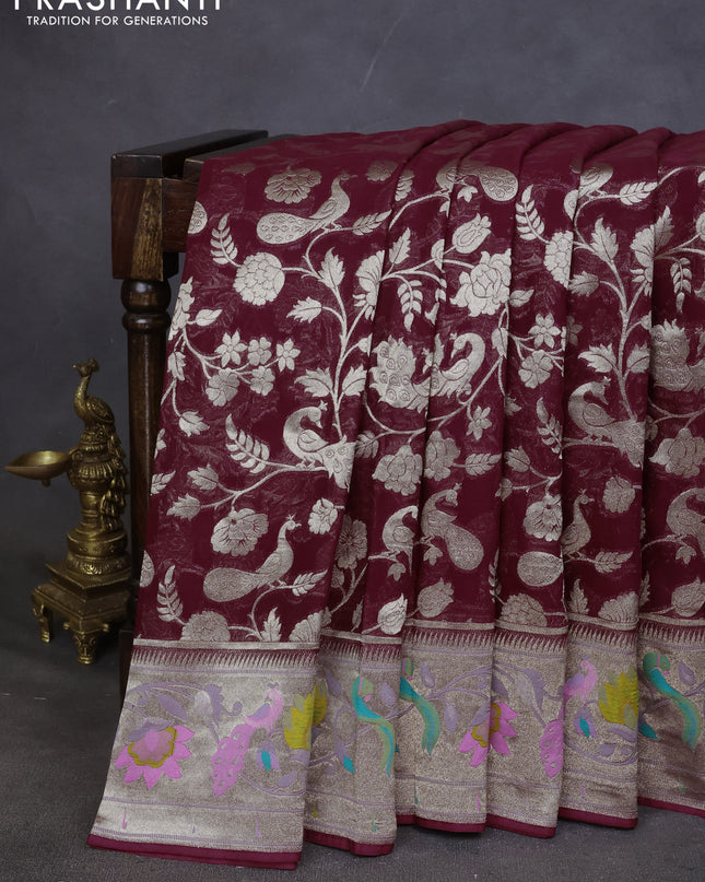 Art chiffon saree maroon with allover zari woven brocade weaves and zari woven paithani border