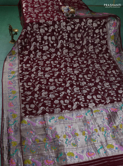 Art chiffon saree maroon with allover zari woven brocade weaves and zari woven paithani border