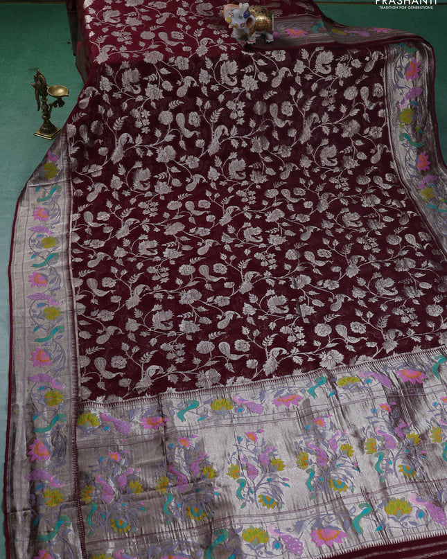 Art chiffon saree maroon with allover zari woven brocade weaves and zari woven paithani border