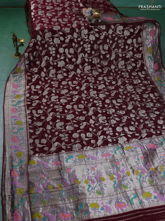 Art chiffon saree maroon with allover zari woven brocade weaves and zari woven paithani border