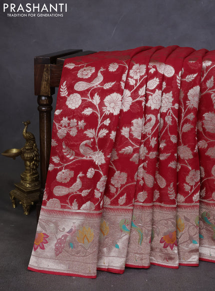 Art chiffon saree red with allover zari woven brocade weaves and zari woven paithani border