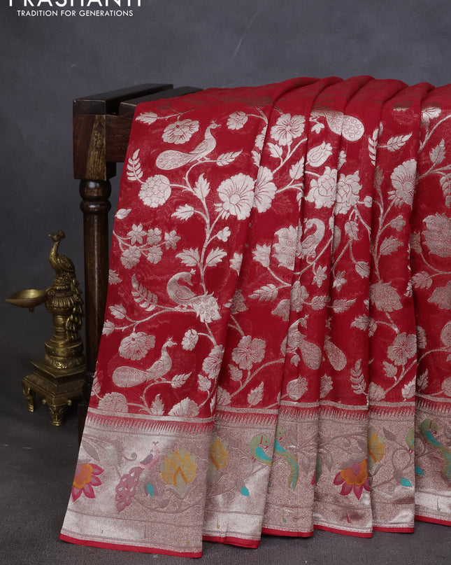 Art chiffon saree red with allover zari woven brocade weaves and zari woven paithani border