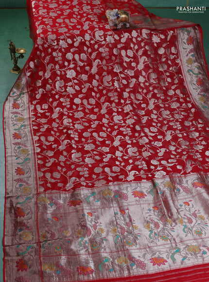 Art chiffon saree red with allover zari woven brocade weaves and zari woven paithani border