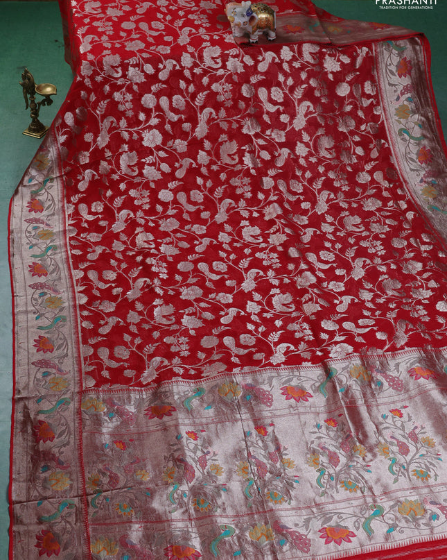 Art chiffon saree red with allover zari woven brocade weaves and zari woven paithani border