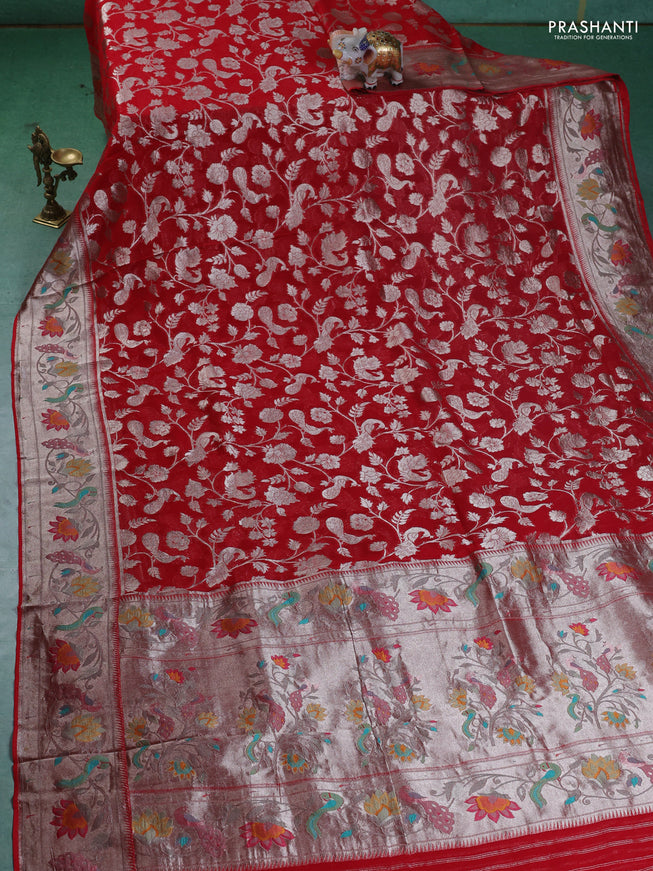 Art chiffon saree red with allover zari woven brocade weaves and zari woven paithani border