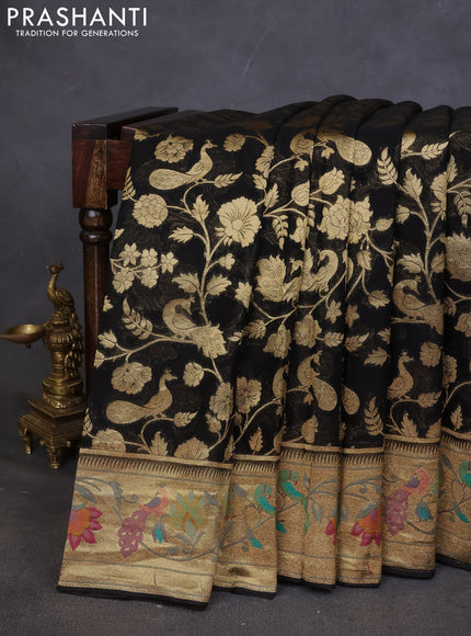 Art chiffon saree black with allover zari woven brocade weaves and zari woven paithani border