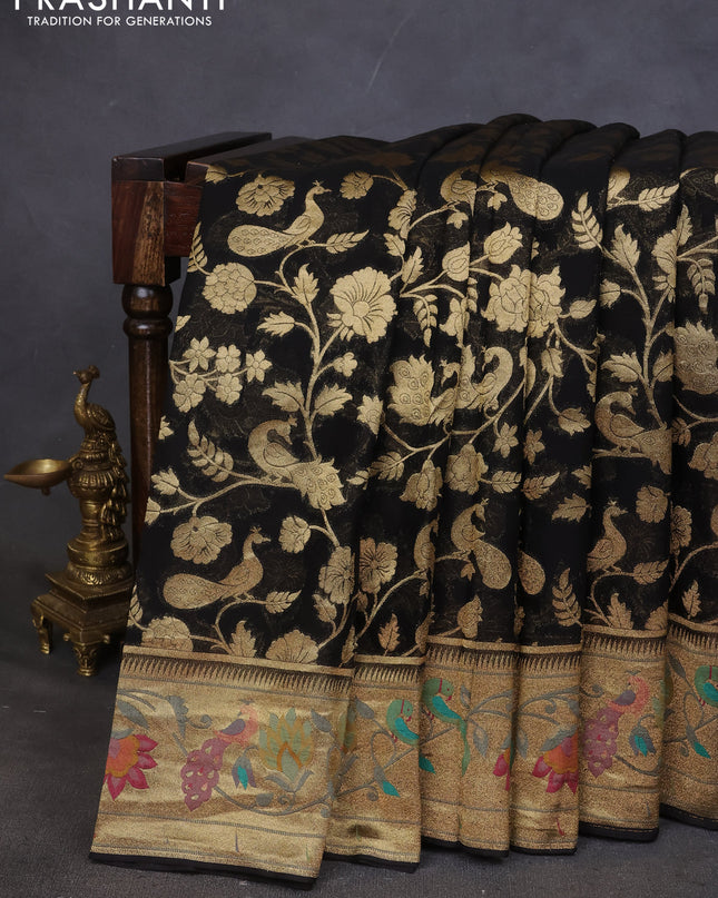Art chiffon saree black with allover zari woven brocade weaves and zari woven paithani border