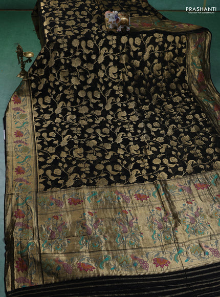 Art chiffon saree black with allover zari woven brocade weaves and zari woven paithani border
