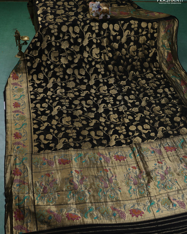Art chiffon saree black with allover zari woven brocade weaves and zari woven paithani border
