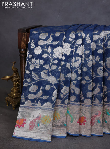 Art chiffon saree peacock blue with allover zari woven brocade weaves and zari woven paithani border