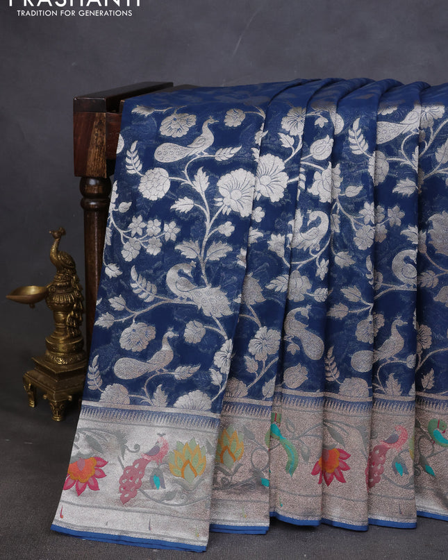 Art chiffon saree peacock blue with allover zari woven brocade weaves and zari woven paithani border
