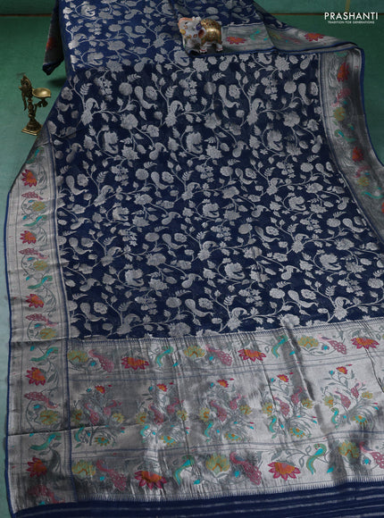 Art chiffon saree peacock blue with allover zari woven brocade weaves and zari woven paithani border