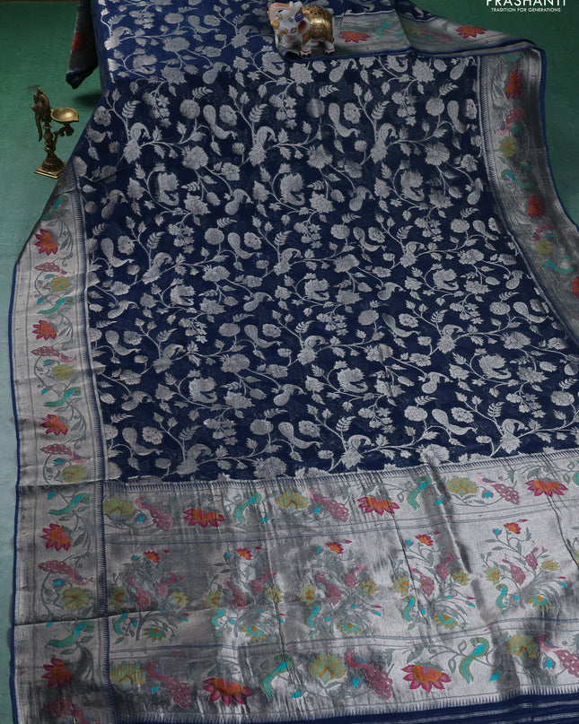 Art chiffon saree peacock blue with allover zari woven brocade weaves and zari woven paithani border