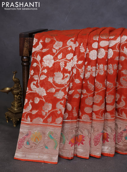 Art chiffon saree orange with allover zari woven brocade weaves and zari woven paithani border