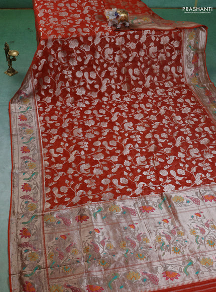 Art chiffon saree orange with allover zari woven brocade weaves and zari woven paithani border