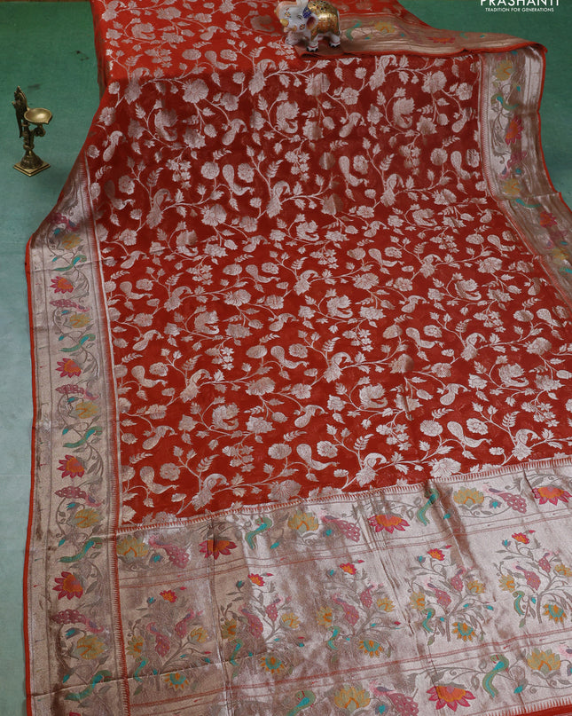 Art chiffon saree orange with allover zari woven brocade weaves and zari woven paithani border