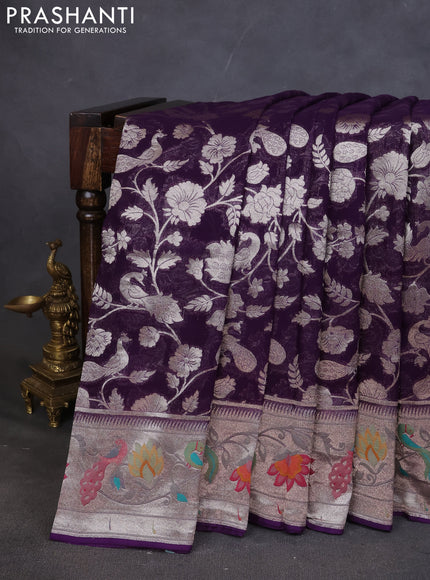 Art chiffon saree violet with allover zari woven brocade weaves and zari woven paithani border