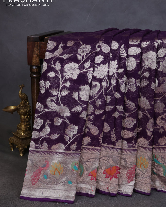 Art chiffon saree violet with allover zari woven brocade weaves and zari woven paithani border