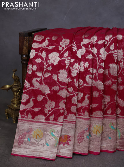 Art chiffon saree pink with allover zari woven brocade weaves and zari woven paithani border