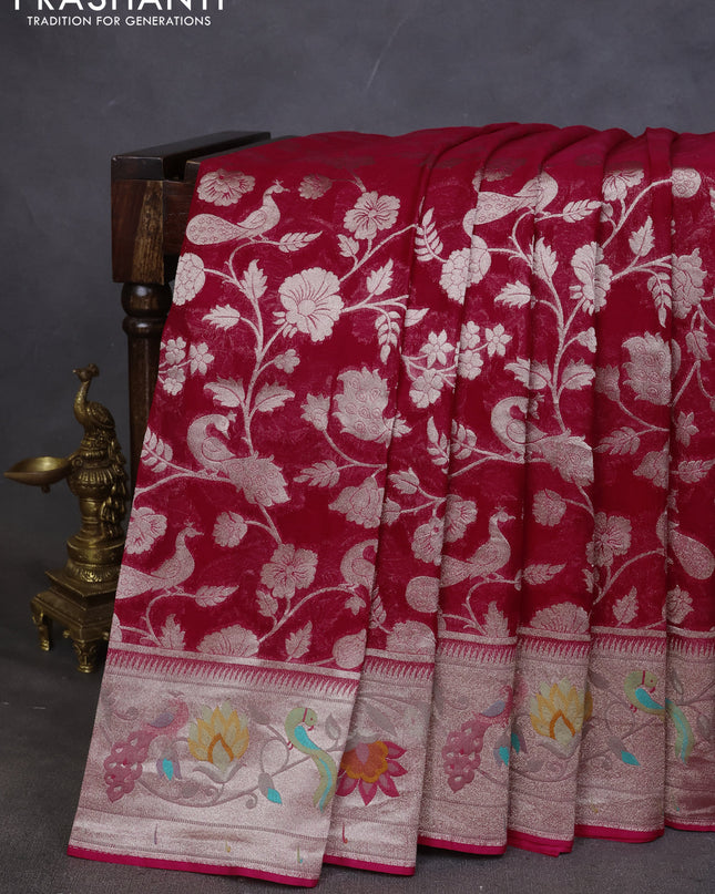 Art chiffon saree pink with allover zari woven brocade weaves and zari woven paithani border