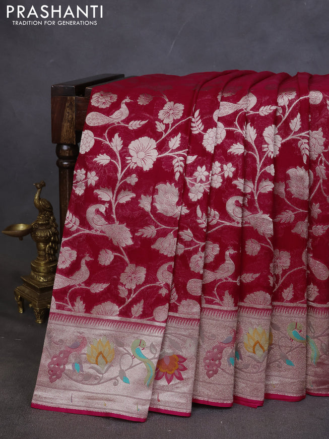Art chiffon saree pink with allover zari woven brocade weaves and zari woven paithani border