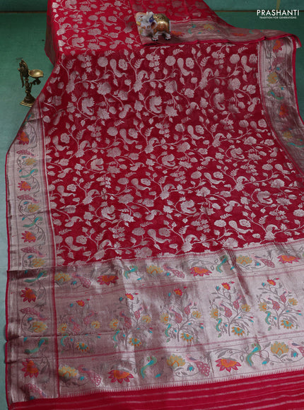 Art chiffon saree pink with allover zari woven brocade weaves and zari woven paithani border