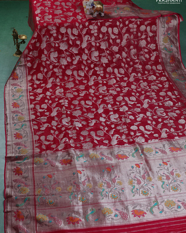 Art chiffon saree pink with allover zari woven brocade weaves and zari woven paithani border
