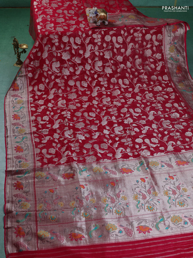 Art chiffon saree pink with allover zari woven brocade weaves and zari woven paithani border