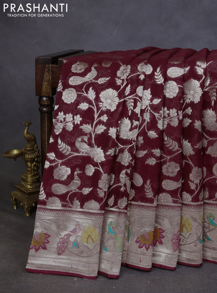 Art chiffon saree maroon with allover zari woven brocade weaves and zari woven paithani border