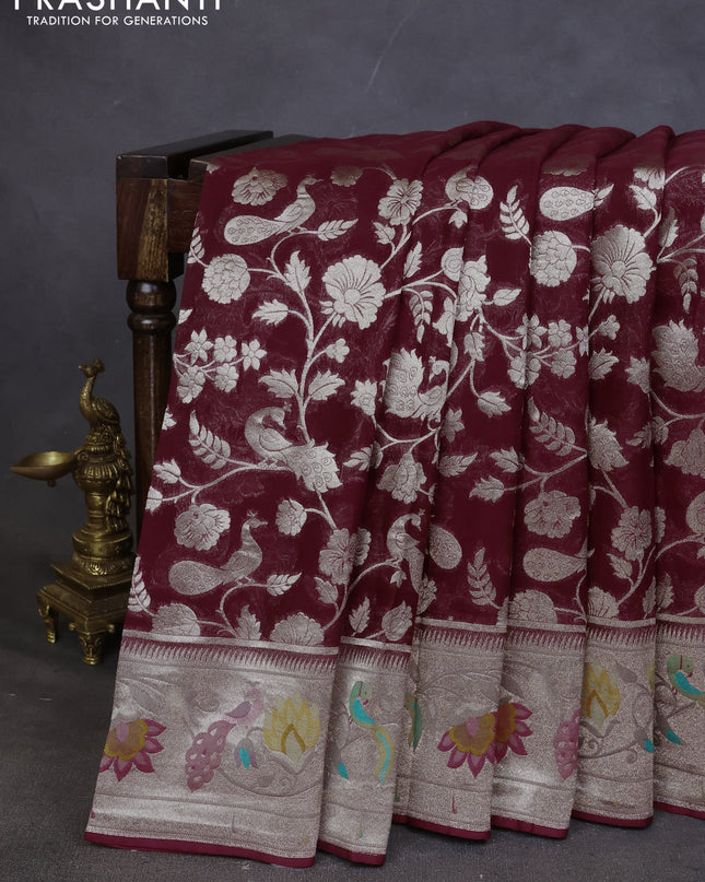 Art chiffon saree maroon with allover zari woven brocade weaves and zari woven paithani border