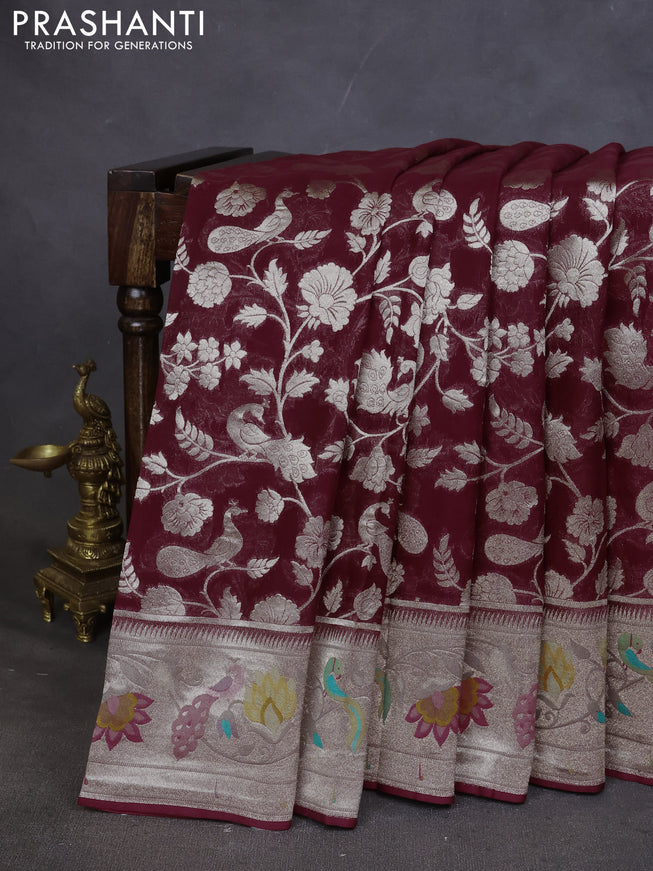 Art chiffon saree maroon with allover zari woven brocade weaves and zari woven paithani border