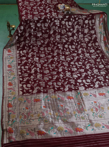 Art chiffon saree maroon with allover zari woven brocade weaves and zari woven paithani border