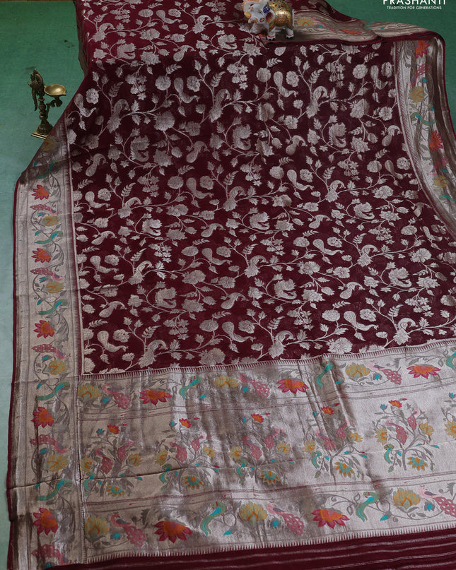 Art chiffon saree maroon with allover zari woven brocade weaves and zari woven paithani border