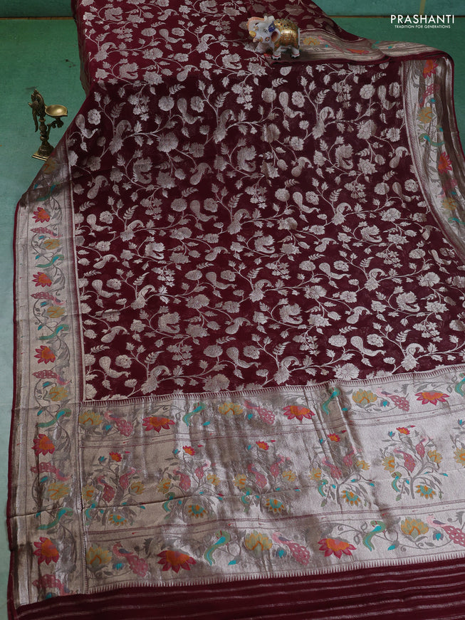 Art chiffon saree maroon with allover zari woven brocade weaves and zari woven paithani border