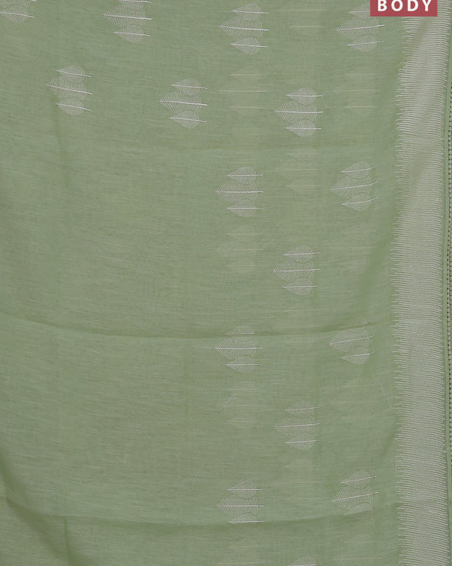 Linen cotton saree pista green with embroidery buttas and embroidered border