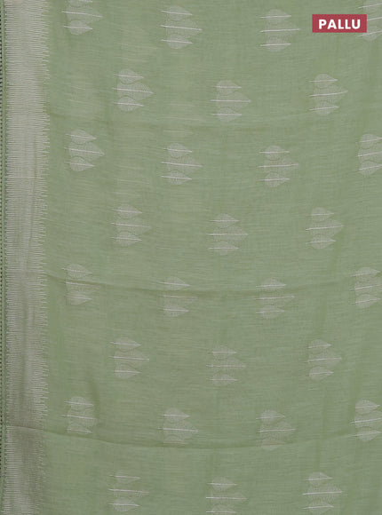 Linen cotton saree pista green with embroidery buttas and embroidered border