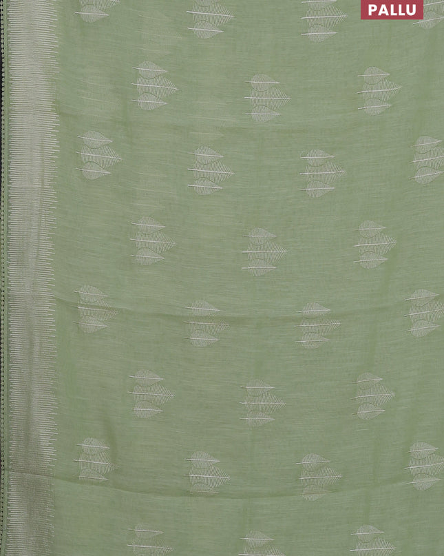 Linen cotton saree pista green with embroidery buttas and embroidered border