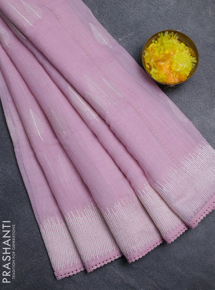 Linen cotton saree light pink with embroidery buttas and embroidered border