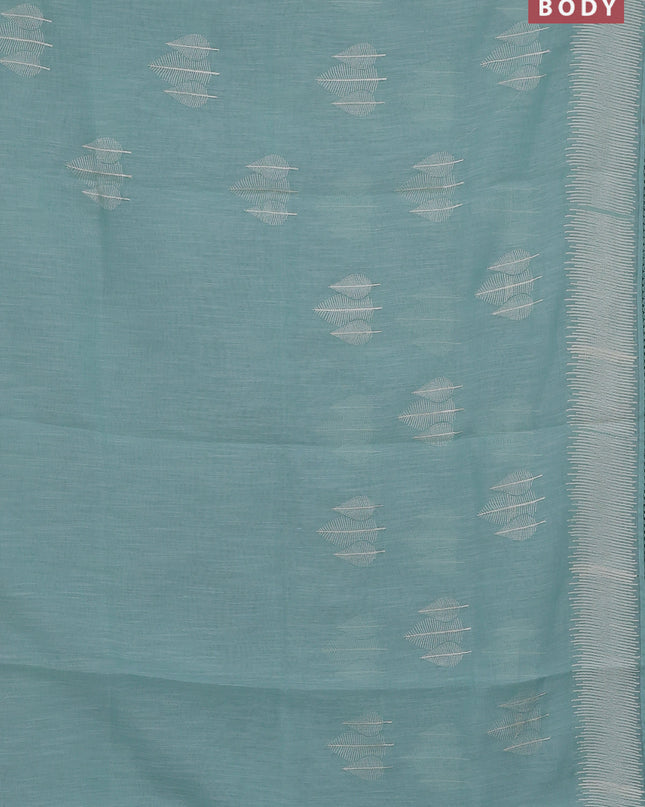 Linen cotton saree teal shade with embroidery buttas and embroidered border