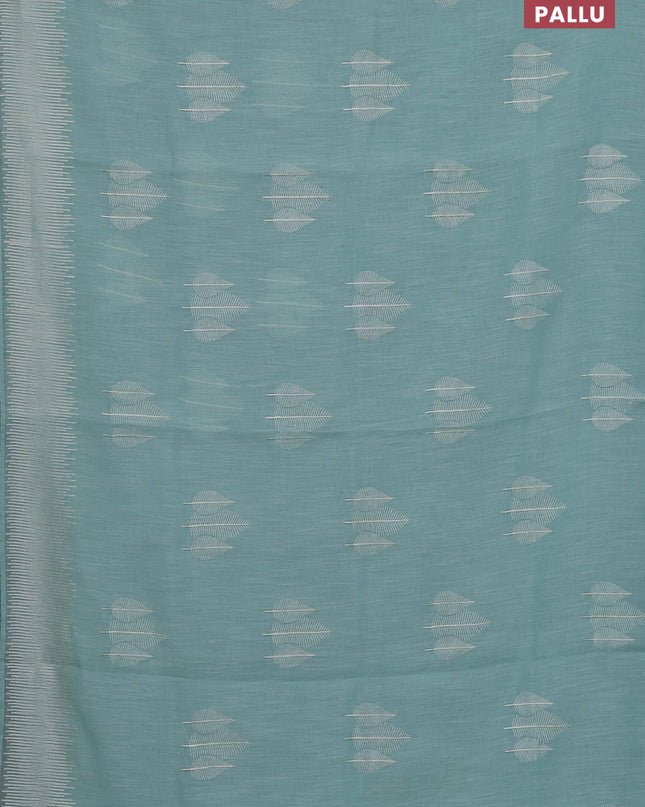 Linen cotton saree teal shade with embroidery buttas and embroidered border