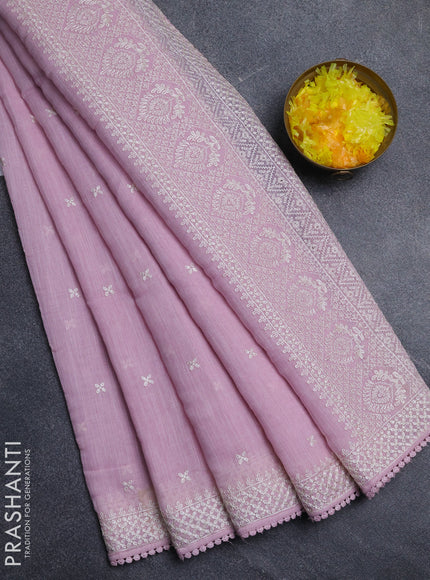 Linen cotton saree lavender with embroidery buttas and embroidered border